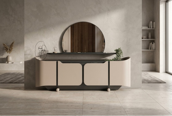 Mueble aparador con espejo armario de madera beige moderno.