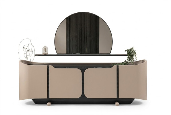 Mueble aparador con espejo armario de madera beige moderno.