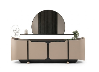 Mueble aparador con espejo armario de madera beige moderno.