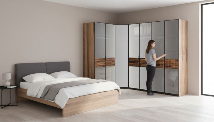 Armario esquinero armario de dormitorio armario de madera marrón espejo grande