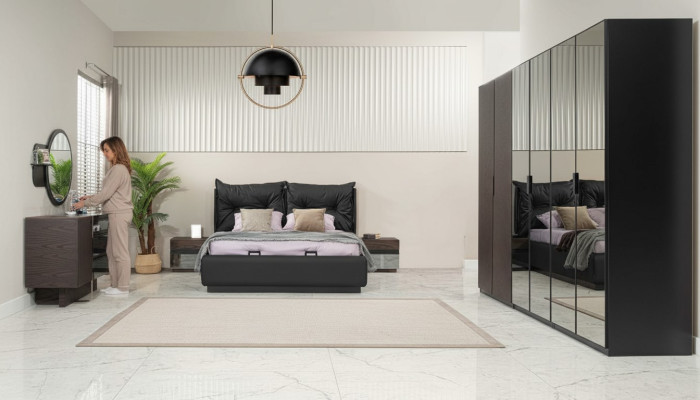 Conjunto de dormitorio con cama doble, cama, mesillas de noche, set de 6 piezas en color negro.