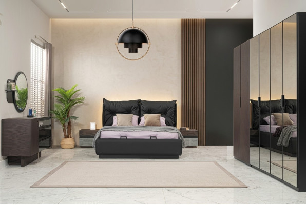 Conjunto de dormitorio con cama doble, cama, mesillas de noche, set de 6 piezas en color negro.