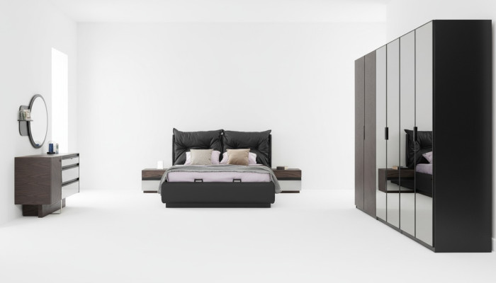 Conjunto de dormitorio con cama doble, cama, mesillas de noche, set de 6 piezas en color negro.