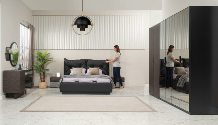 Juego de cama doble con mesitas de noche para dormitorio en negro, conjunto de 6 piezas.