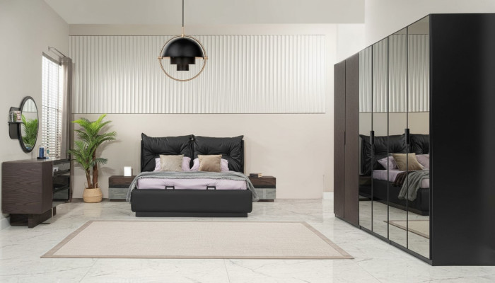 Juego de cama doble con mesitas de noche para dormitorio en negro, conjunto de 6 piezas.