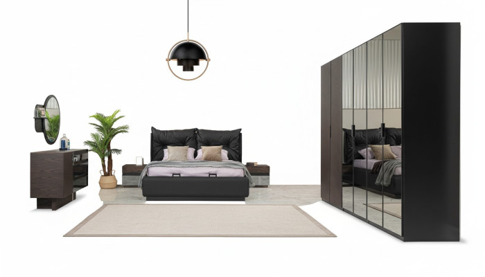 Juego de cama doble con mesitas de noche para dormitorio en negro, conjunto de 6 piezas.