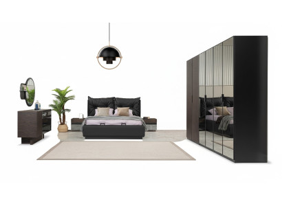 Juego de cama doble con mesitas de noche para dormitorio en negro, conjunto de 6 piezas.