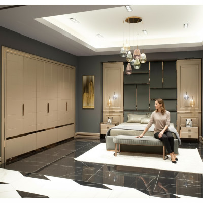 Grupo de diseño de dormitorio cama doble cama mesitas de noche conjunto de 6 piezas beige.
