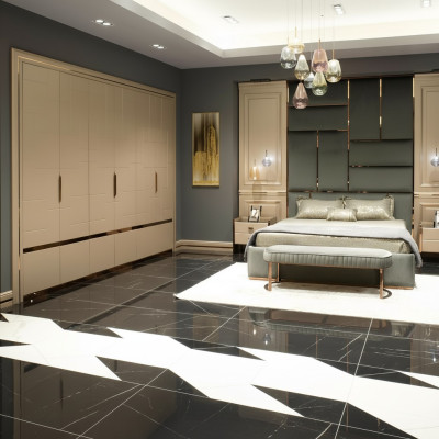 Grupo de diseño de dormitorio cama doble cama mesitas de noche conjunto de 6 piezas beige.