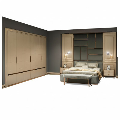 Grupo de diseño de dormitorio cama doble cama mesitas de noche conjunto de 6 piezas beige.