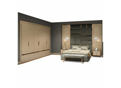 Grupo de diseño de dormitorio cama doble cama mesitas de noche conjunto de 6 piezas beige.