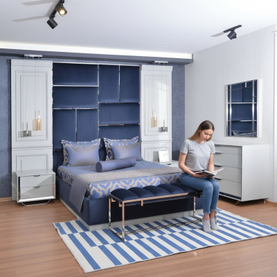 Grupo de diseño de dormitorio cama doble mesitas de noche set 7 piezas azul
