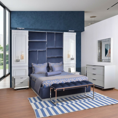 Grupo de diseño de dormitorio cama doble mesitas de noche set 7 piezas azul