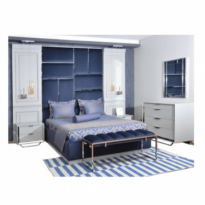 Grupo de diseño de dormitorio cama doble mesitas de noche set 7 piezas azul