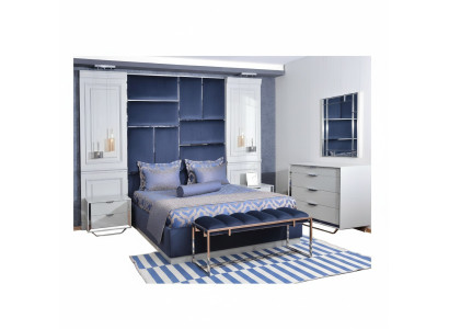 Grupo de diseño de dormitorio cama doble mesitas de noche set 7 piezas azul