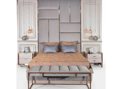 Conjunto de dormitorio de lujo con cama doble, cama y mesitas de noche en beige, juego de 5 piezas.
