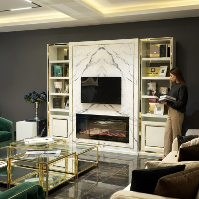 Mueble de salón RTV Lowboard Soporte de TV Blanco Lujo Oro Vittinen Madera Moderno