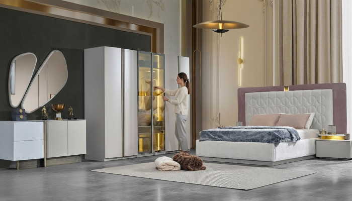Conjunto de dormitorio completo cama doble cama blanca de lujo de madera 7 piezas