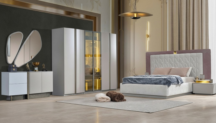 Conjunto de dormitorio completo cama doble cama blanca de lujo de madera 7 piezas