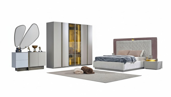Conjunto de dormitorio completo cama doble cama blanca de lujo de madera 7 piezas
