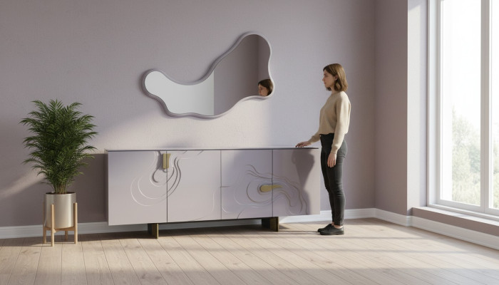 Mueble aparador con espejo de madera rosa para el comedor