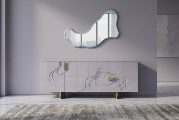 Mueble aparador con espejo de madera rosa para el comedor
