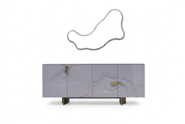 Mueble aparador con espejo de madera rosa para el comedor