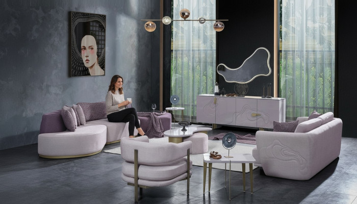 Conjunto de sofá grande en rosa de tela moderna, 7 piezas