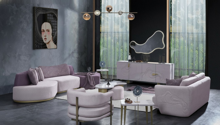 Conjunto de sofá grande en rosa de tela moderna, 7 piezas