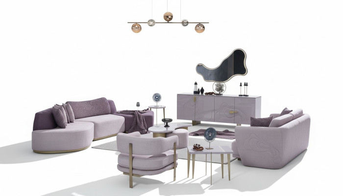 Conjunto de sofá grande en rosa de tela moderna, 7 piezas