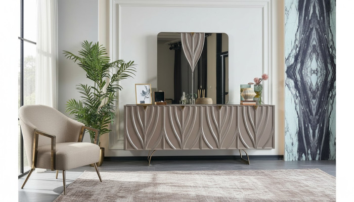 Conjunto de aparador con espejo para el comedor en madera marrón.