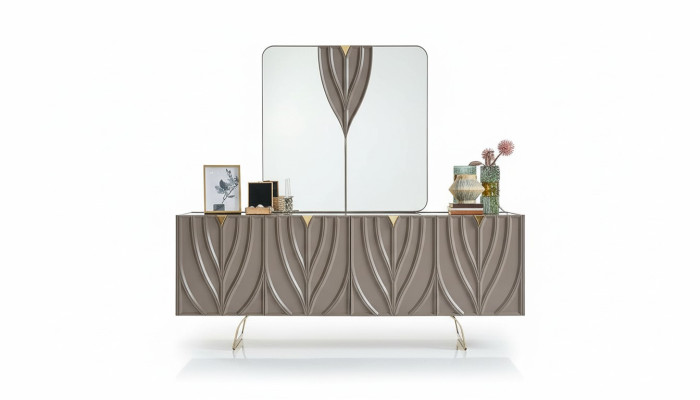 Conjunto de aparador con espejo para el comedor en madera marrón.