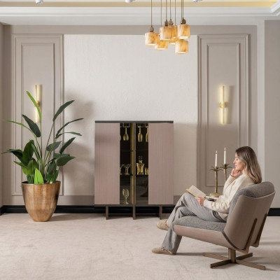 Mueble de bar Grupo Vitrina Silla Madera Beige Armario Sala de estar 2 piezas