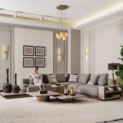 Conjunto de sala de estar sofá en forma de L sofá mesas de café 5 piezas gris