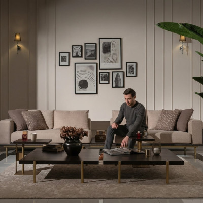 Sala de estar grupo sofá mesas de centro 4 piezas sofá de tela beige madera moderno