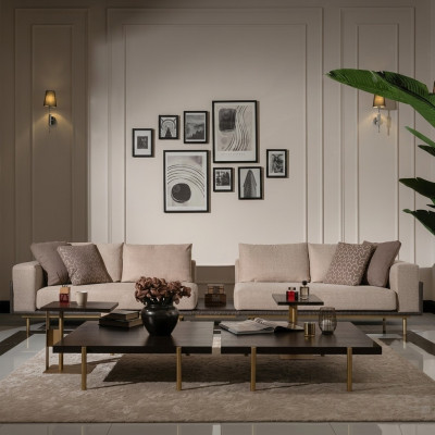 Sala de estar grupo sofá mesas de centro 4 piezas sofá de tela beige madera moderno