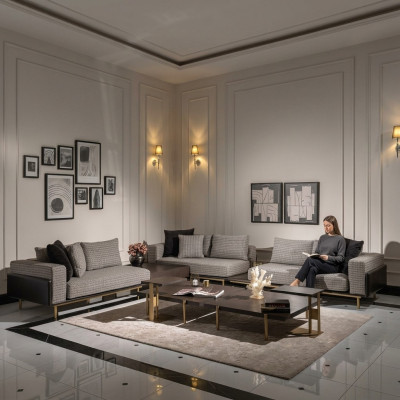 Conjunto de sala de estar sofá mesas de centro 5 piezas sofá de tela gris conjunto de madera.