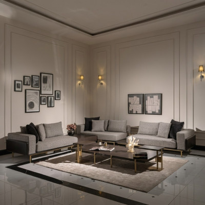 Conjunto de sala de estar sofá mesas de centro 5 piezas sofá de tela gris conjunto de madera.
