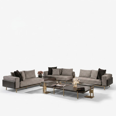Conjunto de sala de estar sofá mesas de centro 5 piezas sofá de tela gris conjunto de madera.