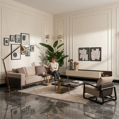 Sofá completo de la sala de estar con mesas de centro 6 piezas Sofá de tela beige moderno de madera