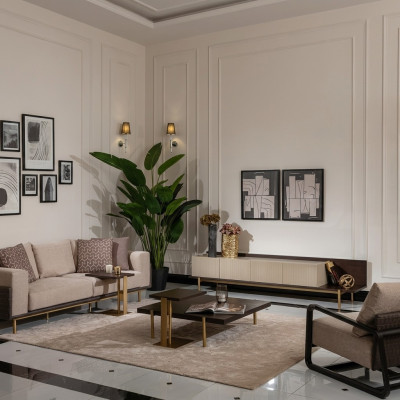 Sofá completo de la sala de estar con mesas de centro 6 piezas Sofá de tela beige moderno de madera