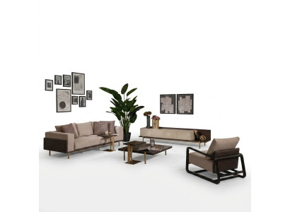 Sofá completo de la sala de estar con mesas de centro 6 piezas Sofá de tela beige moderno de madera