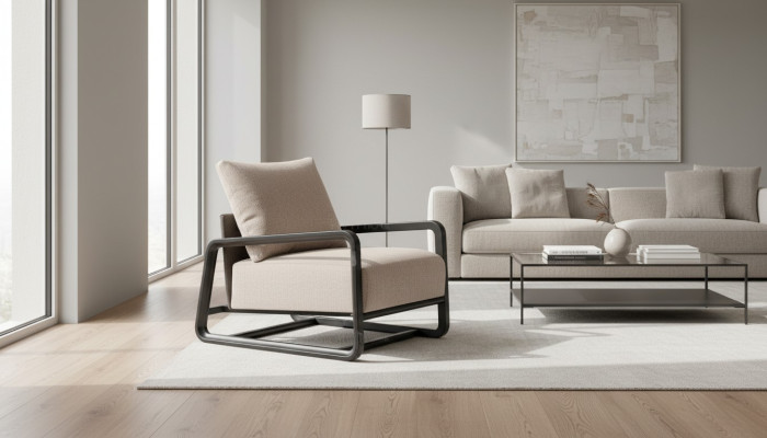 Sillón de televisión individual asiento beige de madera diseño de sala de estar