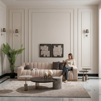 Conjunto de sala de estar de 4 piezas, sofá de tres plazas y mesas de centro en tela beige y madera.