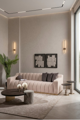 Conjunto de sala de estar de 4 piezas, sofá de tres plazas y mesas de centro en tela beige y madera.