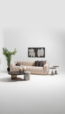 Conjunto de sala de estar de 4 piezas, sofá de tres plazas y mesas de centro en tela beige y madera.
