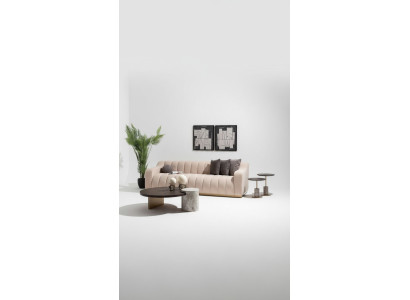 Conjunto de sala de estar de 4 piezas, sofá de tres plazas y mesas de centro en tela beige y madera.