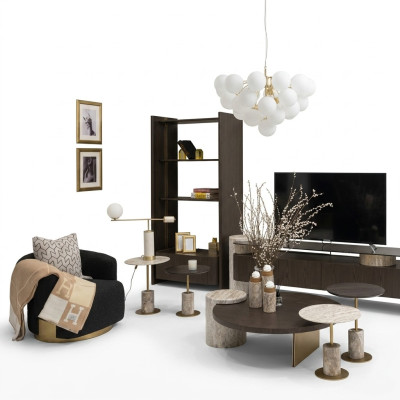 Gran conjunto de sala de estar completo Sillones Mesas 7 piezas Tela Marrón Madera Estanterías