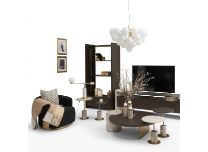Gran conjunto de sala de estar completo Sillones Mesas 7 piezas Tela Marrón Madera Estanterías
