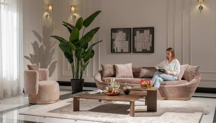 Sofá de tela de tres plazas en beige con sillón - Conjunto de sofá